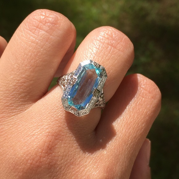 Intricate Art Deco Sterling Silver Blue Topaz Ring - Picture 9 of 15